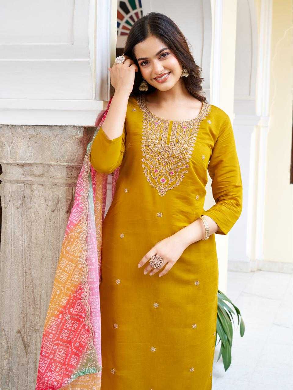 Ynf Viscose Chanderi KESH595 RUHEE Kurti Wholesale Fancy Kurti Embroidered Kurtis Yellow Kurtis Manufacturer- Kapda Export