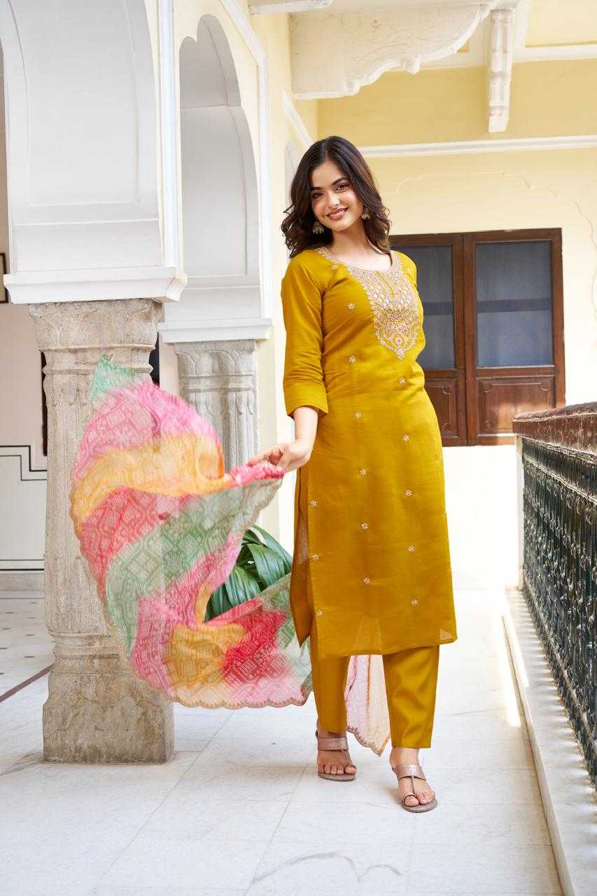 Ynf Viscose Chanderi KESH595 RUHEE Kurti Wholesale Fancy Kurti Embroidered Kurtis Yellow Kurtis Manufacturer- Kapda Export