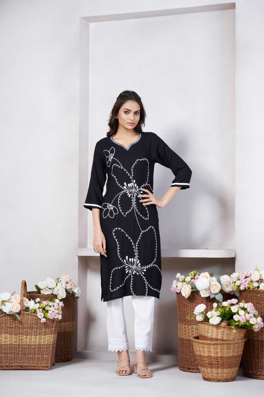 Ynf Viscose Rayon KESH595 S2076 Kurti Wholesale Printed Kurtis Embroidered Kurtis Black Kurtis Manufacturer- Kapda Export