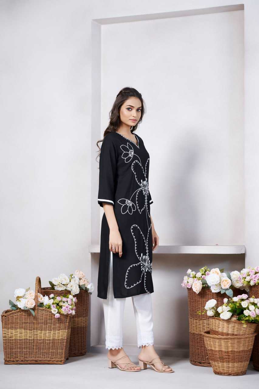 Ynf Viscose Rayon KESH595 S2076 Kurti Wholesale Printed Kurtis Embroidered Kurtis Black Kurtis Manufacturer- Kapda Export