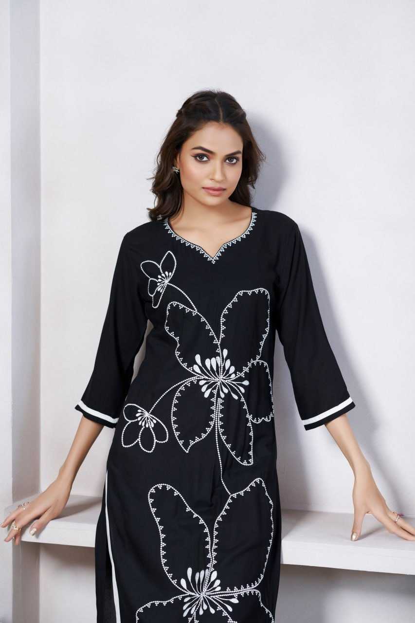 Ynf Viscose Rayon KESH595 S2076 Kurti Wholesale Printed Kurtis Embroidered Kurtis Black Kurtis Manufacturer- Kapda Export