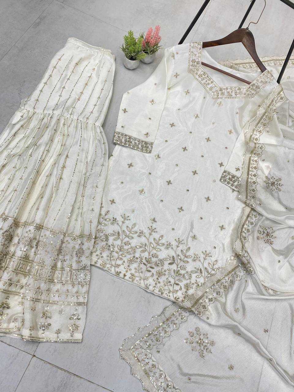Ynf Chinon RIN141 1998 Suits & Dresses Wholesale Sharara Salwar Suits Embroidery Suits White Salwar Suit Manufacturer- Kapda Export