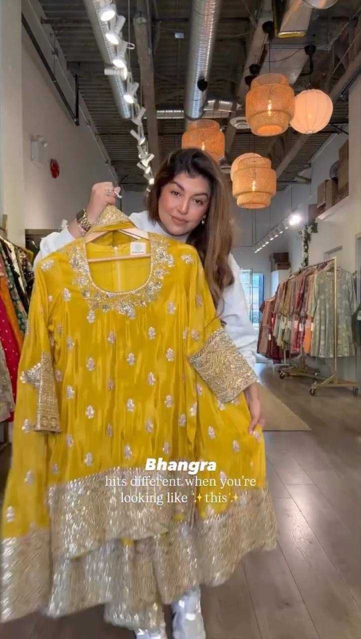 Ynf Chinon RIN141 2000 Suits & Dresses Wholesale Sharara Salwar Suits Embroidery Suits Party wear suits Yellow Salwar Suit Manufacturer- Kapda Export