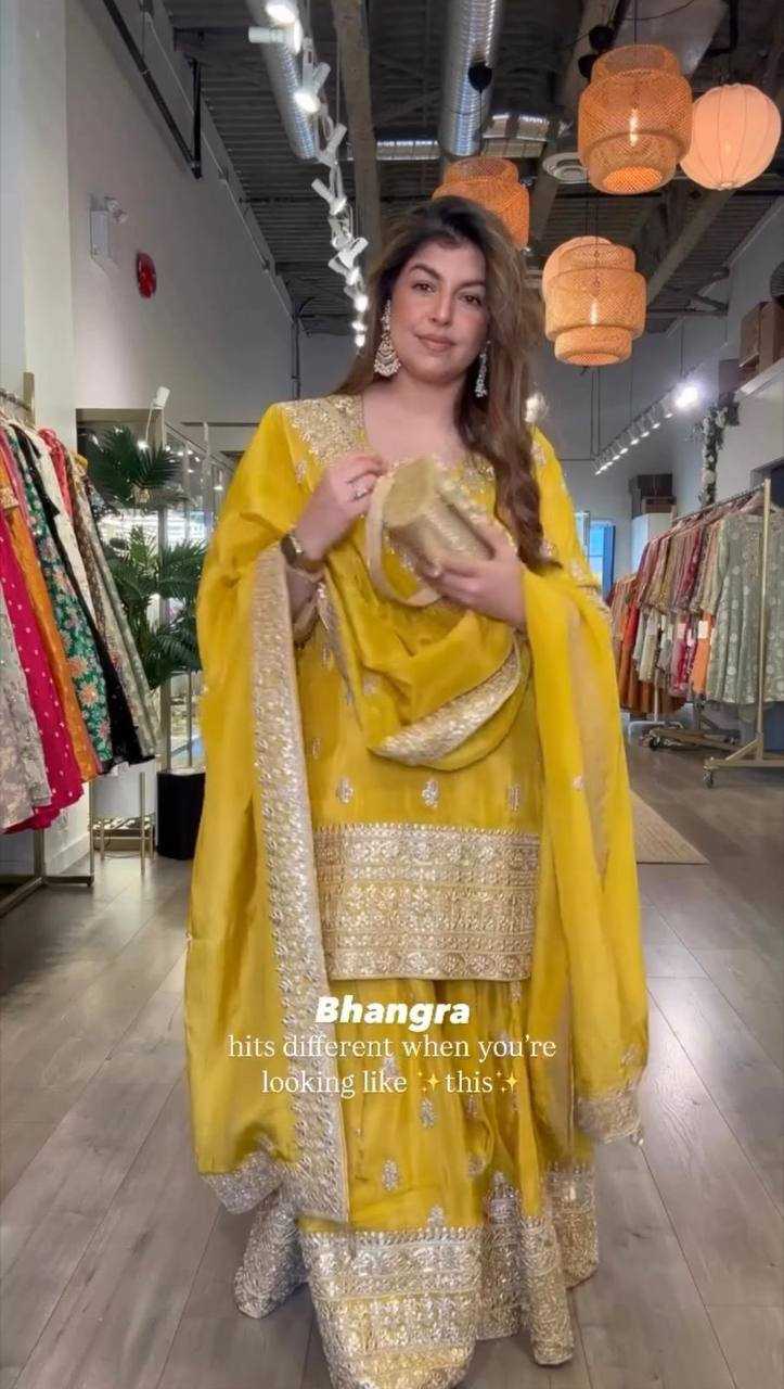 Ynf Chinon RIN141 2000 Suits & Dresses Wholesale Sharara Salwar Suits Embroidery Suits Party wear suits Yellow Salwar Suit Manufacturer- Kapda Export