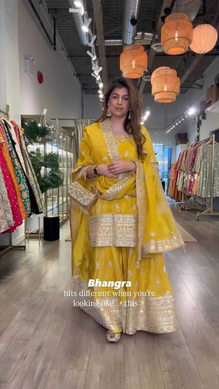 Ynf Chinon RIN141 2000 Suits & Dresses Wholesale Sharara Salwar Suits Embroidery Suits Party wear suits Yellow Salwar Suit Manufacturer- Kapda Export