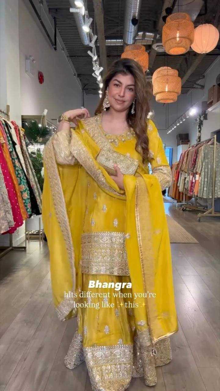 Ynf Chinon RIN141 2000 Suits & Dresses Wholesale Sharara Salwar Suits Embroidery Suits Party wear suits Yellow Salwar Suit Manufacturer- Kapda Export