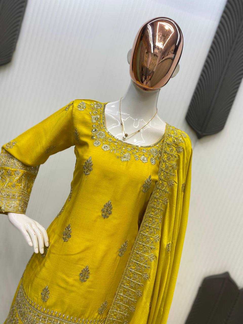 Ynf Chinon RIN141 2000 Suits & Dresses Wholesale Sharara Salwar Suits Embroidery Suits Party wear suits Yellow Salwar Suit Manufacturer- Kapda Export