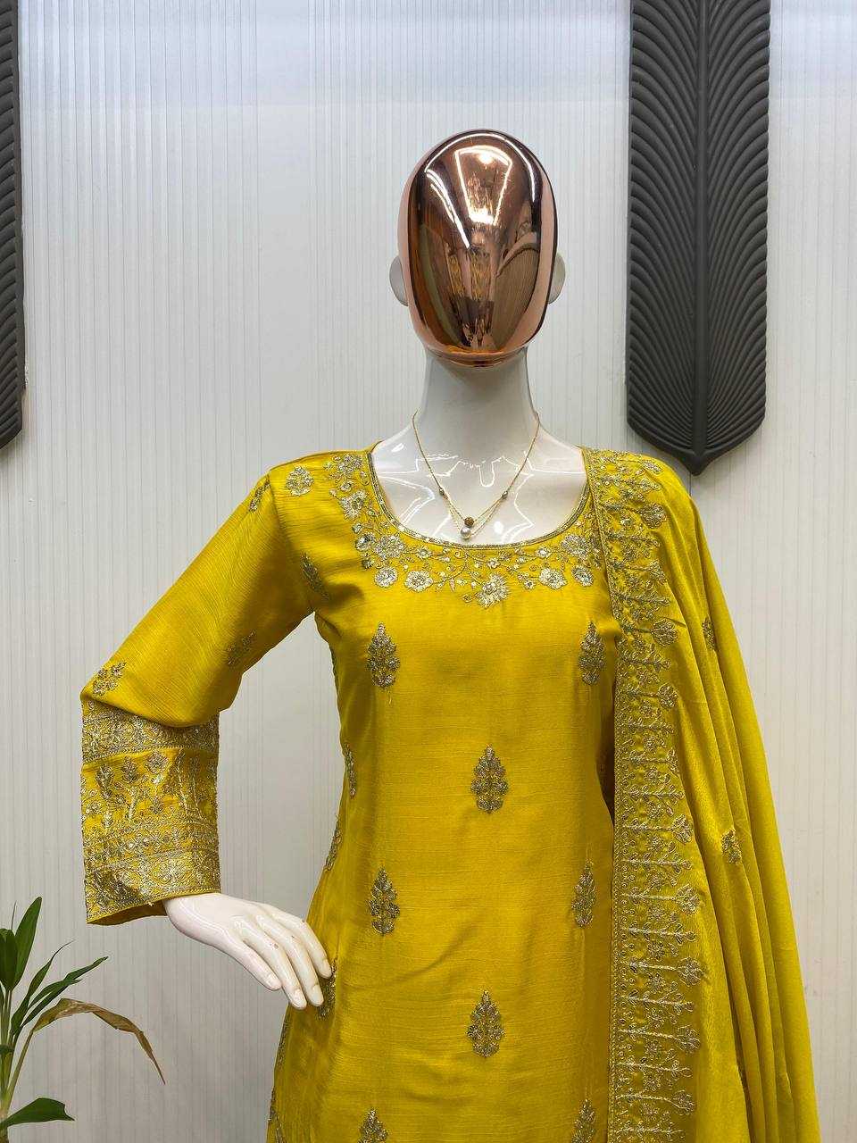 Ynf Chinon RIN141 2000 Suits & Dresses Wholesale Sharara Salwar Suits Embroidery Suits Party wear suits Yellow Salwar Suit Manufacturer- Kapda Export
