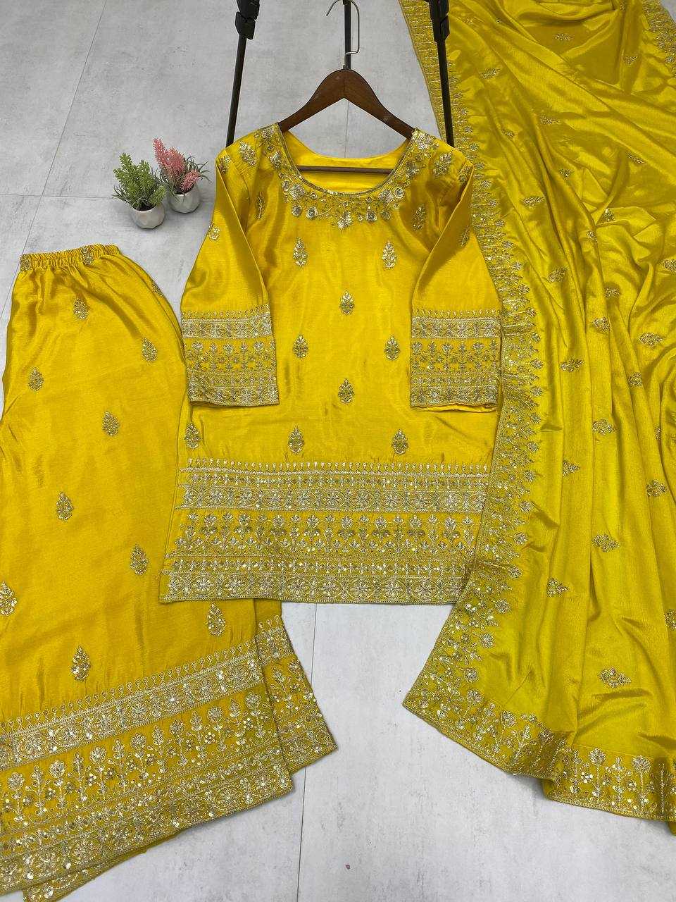 Ynf Chinon RIN141 2000 Suits & Dresses Wholesale Sharara Salwar Suits Embroidery Suits Party wear suits Yellow Salwar Suit Manufacturer- Kapda Export