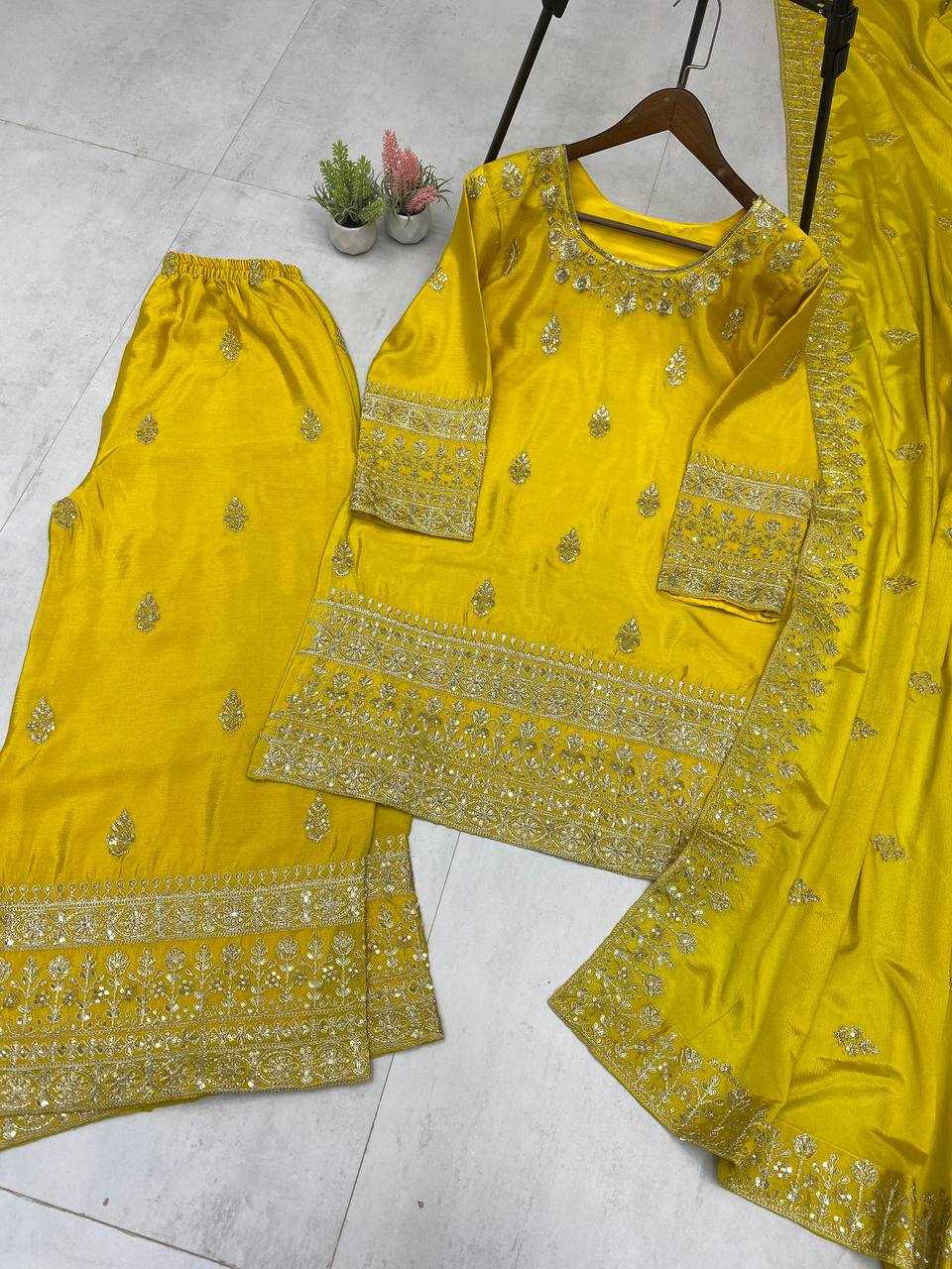 Ynf Chinon RIN141 2000 Suits & Dresses Wholesale Sharara Salwar Suits Embroidery Suits Party wear suits Yellow Salwar Suit Manufacturer- Kapda Export