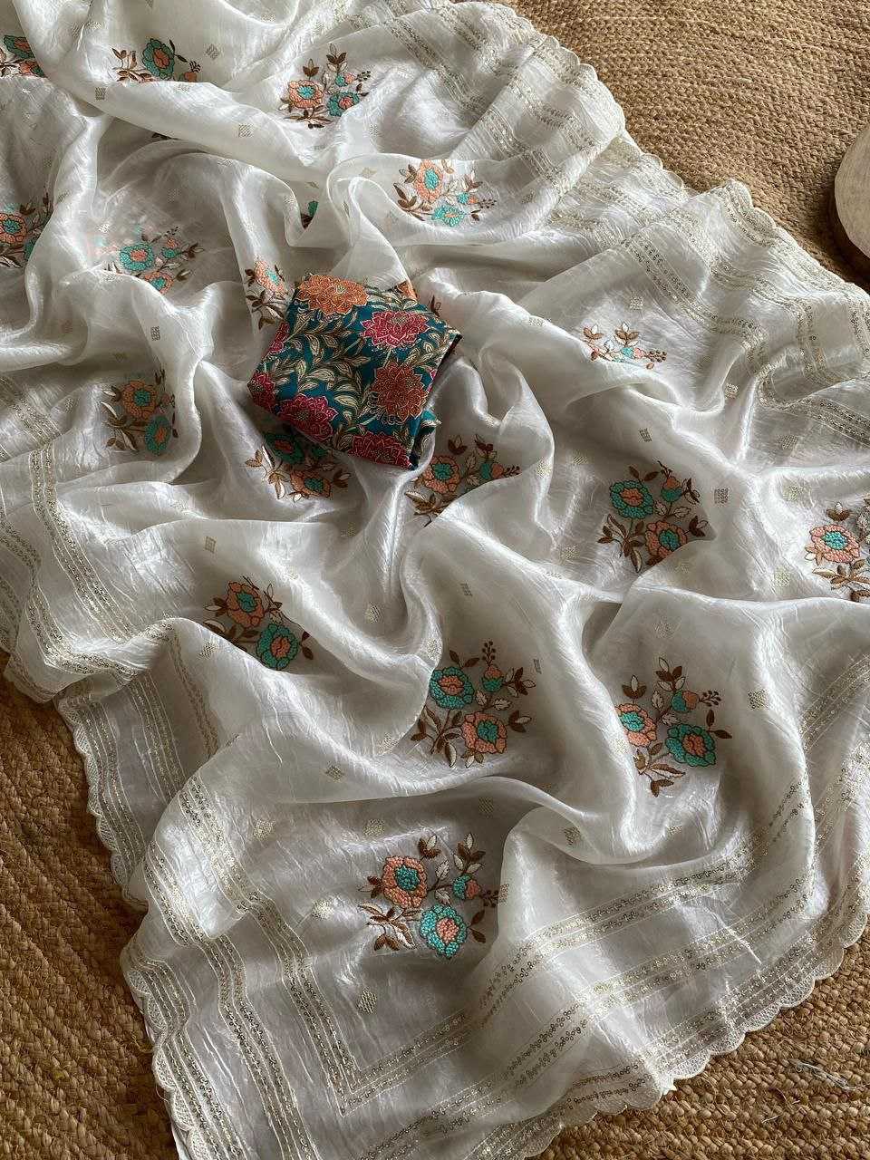 Ynf Crunchi RIN216 asha Sarees Wholesale Chiffon Sarees Embroidered Sarees White Sarees Manufacturer- Kapda Export