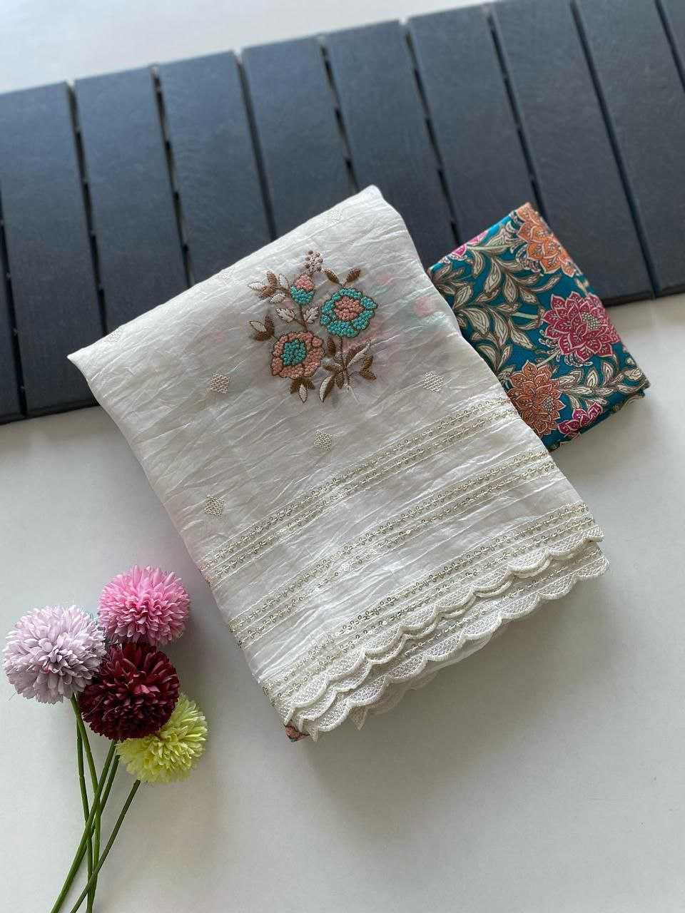 Ynf Crunchi RIN216 asha Sarees Wholesale Chiffon Sarees Embroidered Sarees White Sarees Manufacturer- Kapda Export