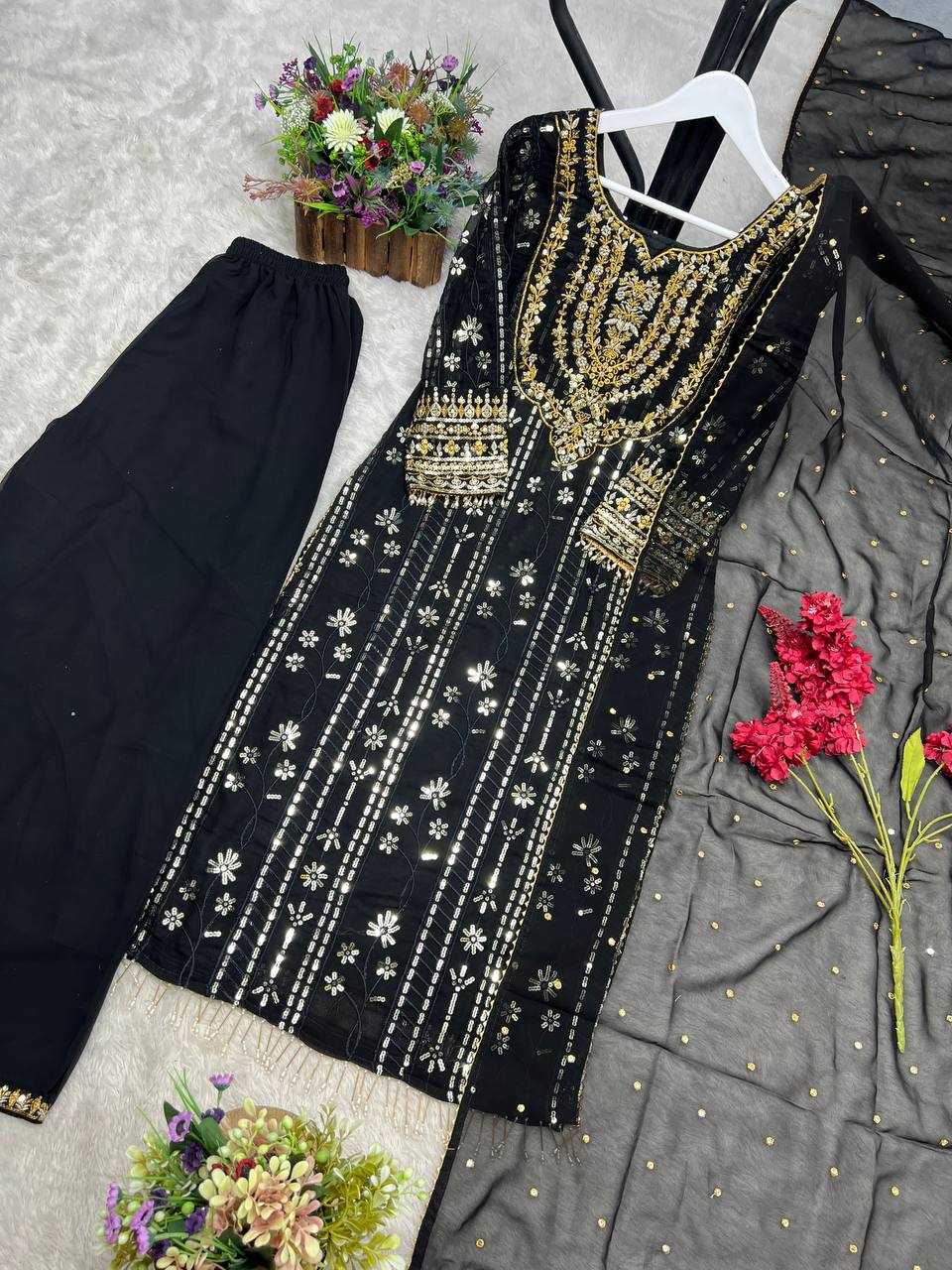 Ynf Faux Georgette KESH159 1047 Kurti Wholesale Embroidered Kurtis Kurti With Palazzo Black Kurtis Manufacturer- Kapda Export