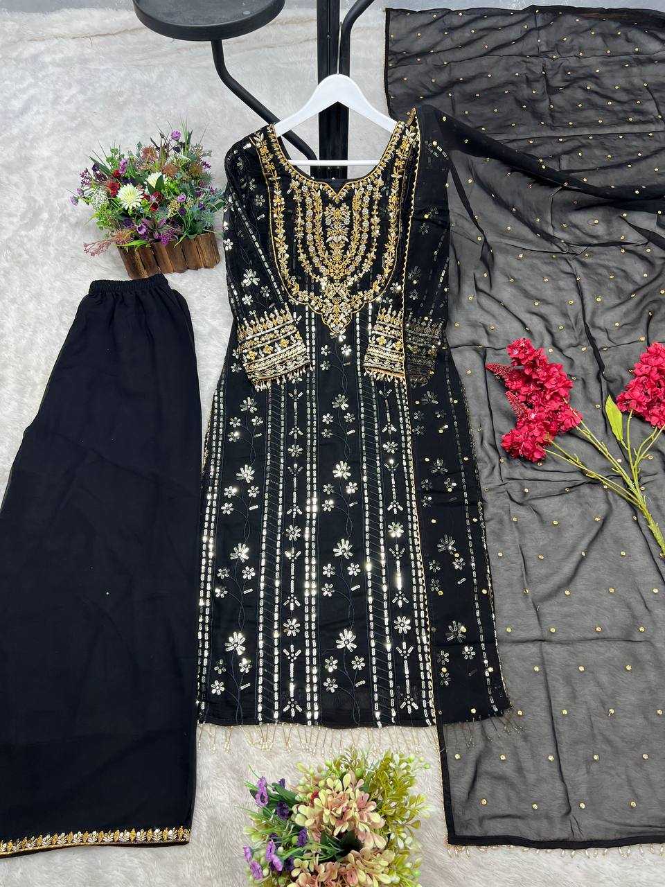 Ynf Faux Georgette KESH159 1047 Kurti Wholesale Embroidered Kurtis Kurti With Palazzo Black Kurtis Manufacturer- Kapda Export