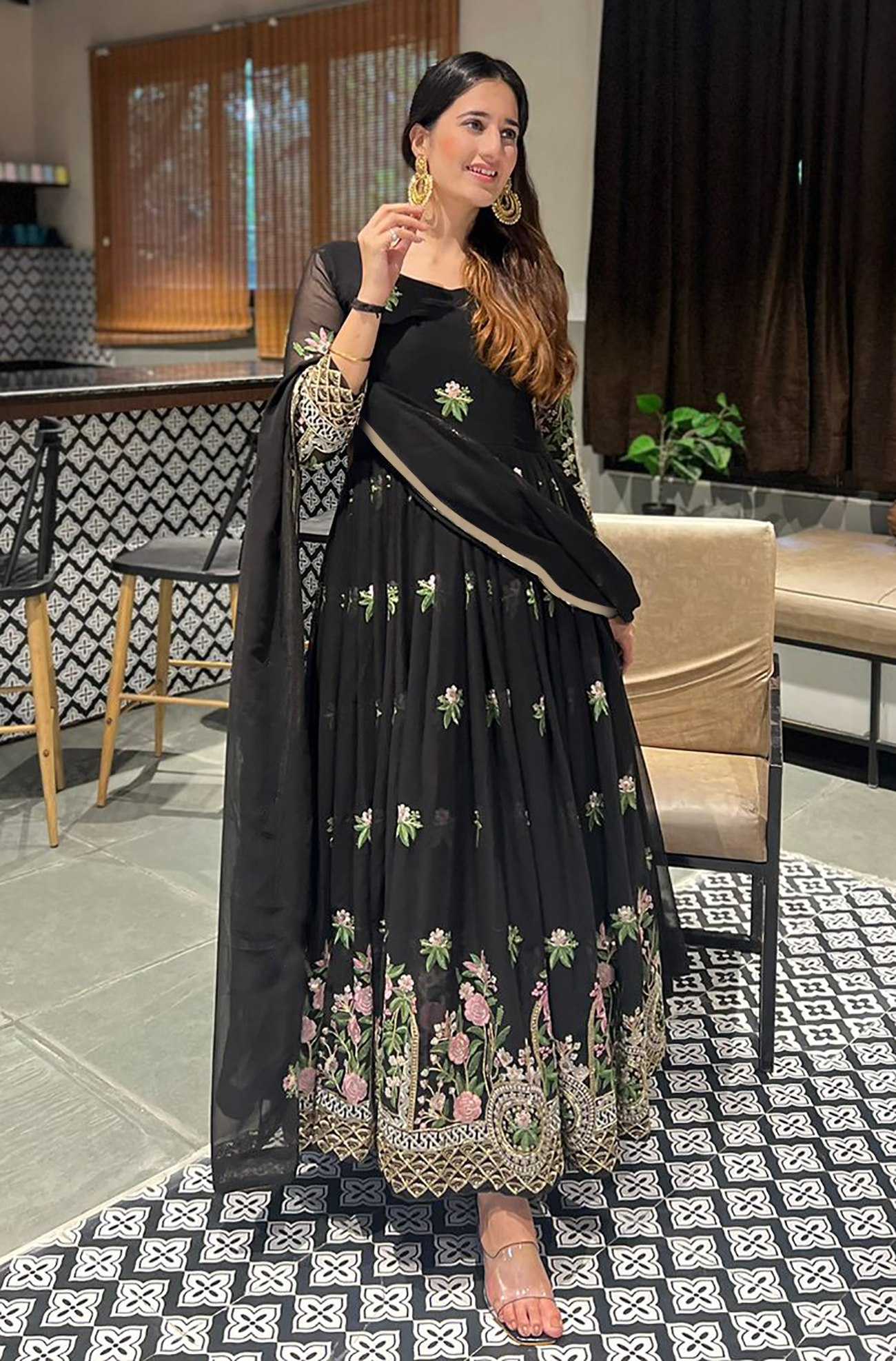 Ynf Georgette KESH334 Sarita Gowns Wholesale Anarkali Gown Embroidered Gown Black Gown Manufacturer- Kapda Export