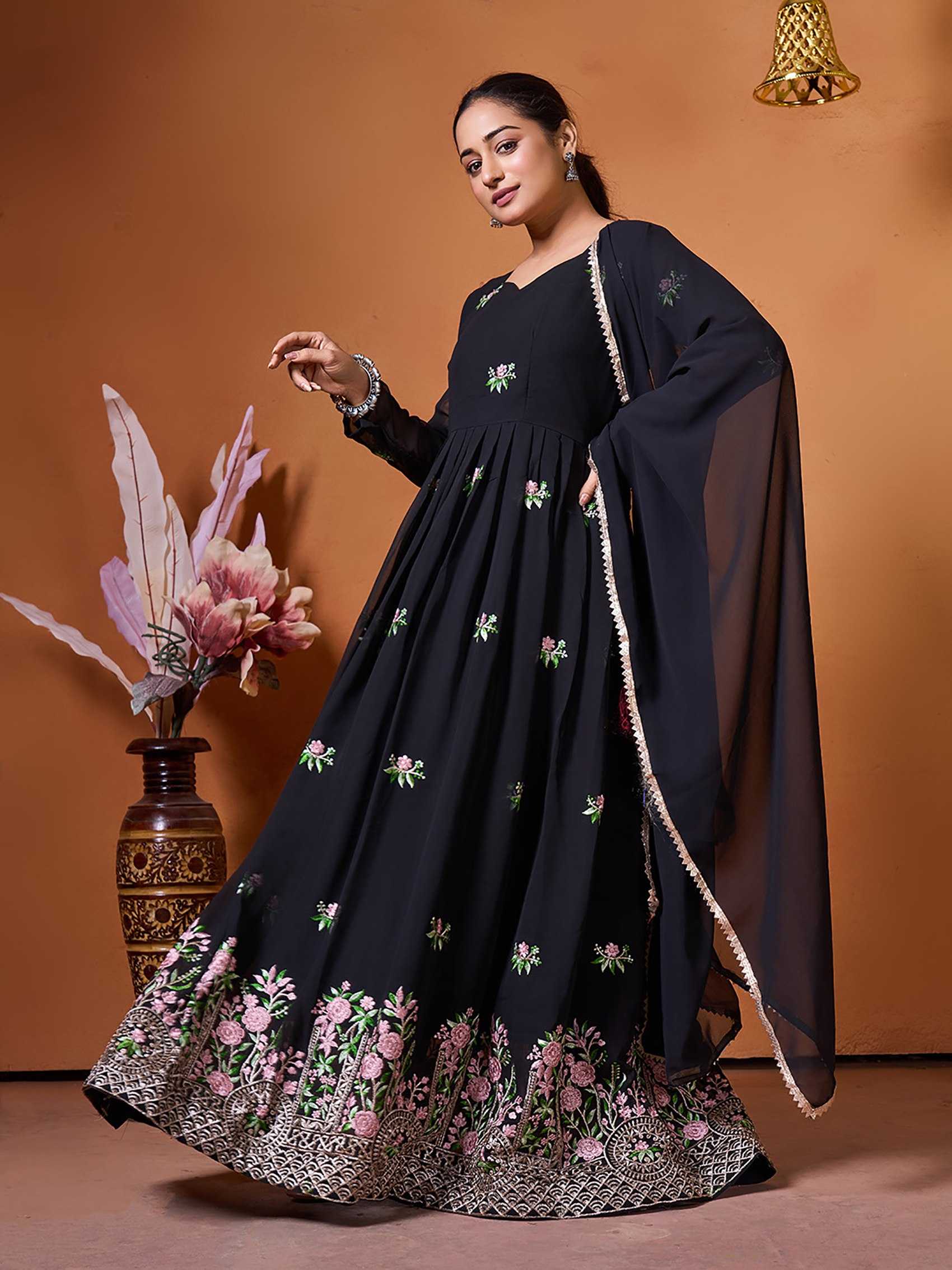 Ynf Georgette KESH334 Sarita Gowns Wholesale Anarkali Gown Embroidered Gown Black Gown Manufacturer- Kapda Export