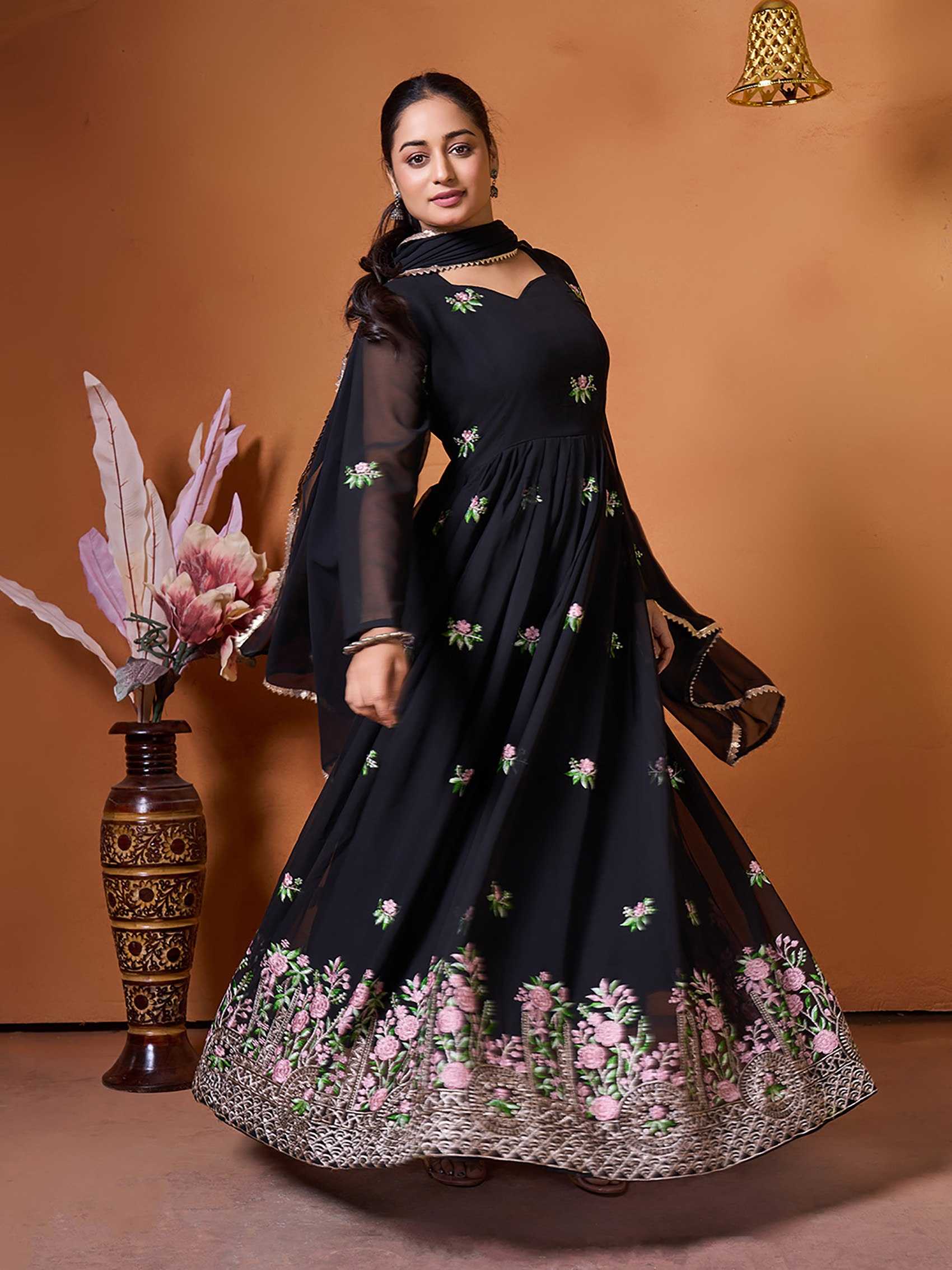 Ynf Georgette KESH334 Sarita Gowns Wholesale Anarkali Gown Embroidered Gown Black Gown Manufacturer- Kapda Export