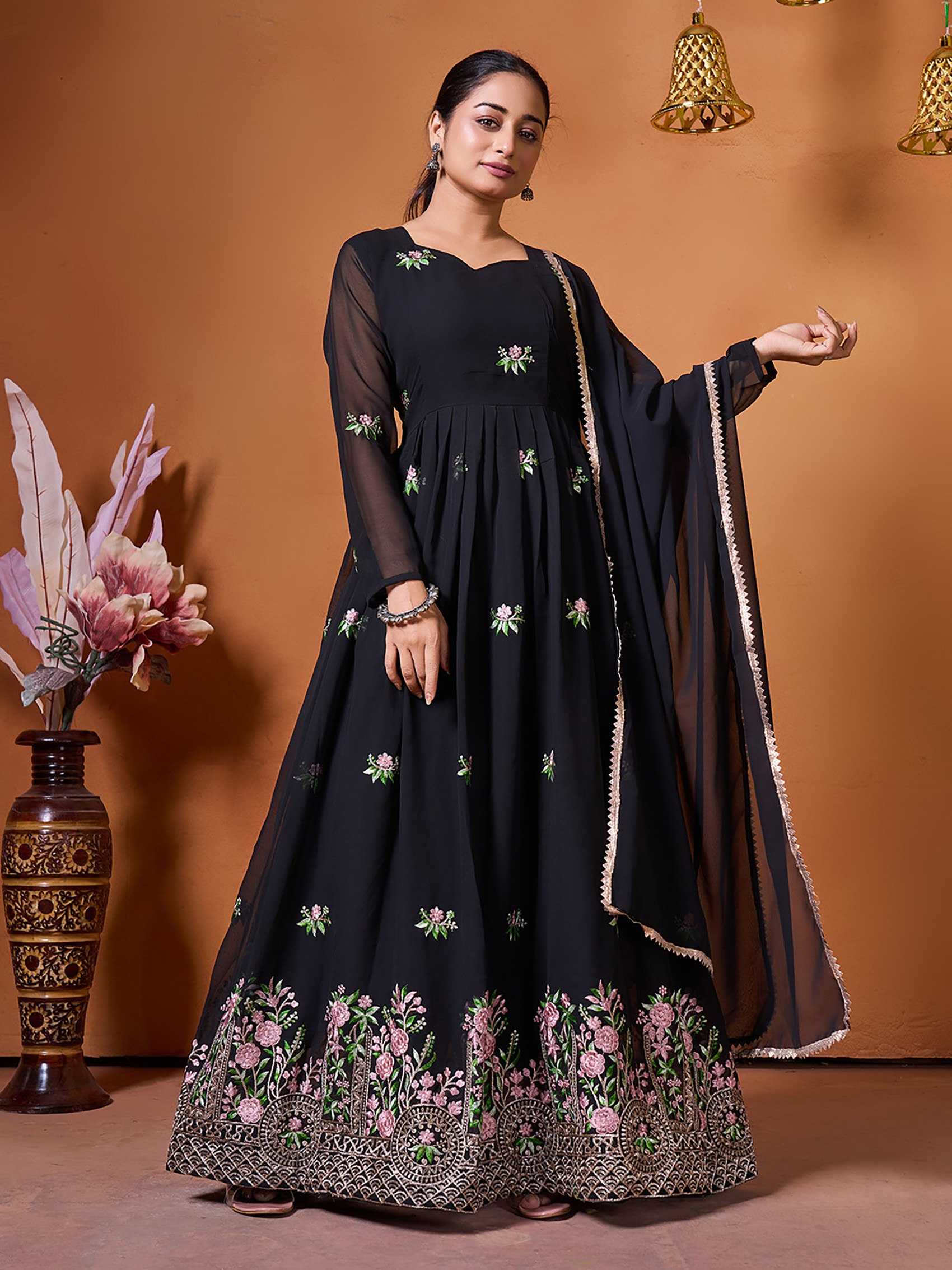Ynf Georgette KESH334 Sarita Gowns Wholesale Anarkali Gown Embroidered Gown Black Gown Manufacturer- Kapda Export