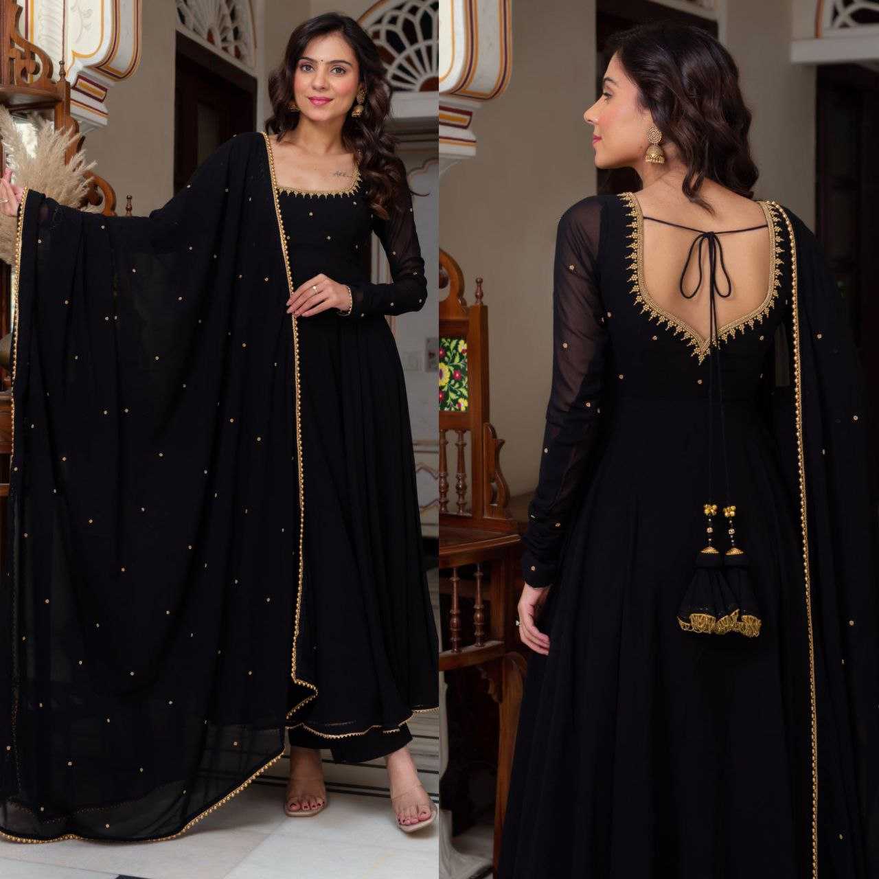 Ynf Georgette RIN157 PC-2197 Gowns Plus Size Collections Wholesale Fancy Gowns Lace Gowns Black Gown Manufacturer- Kapda Export