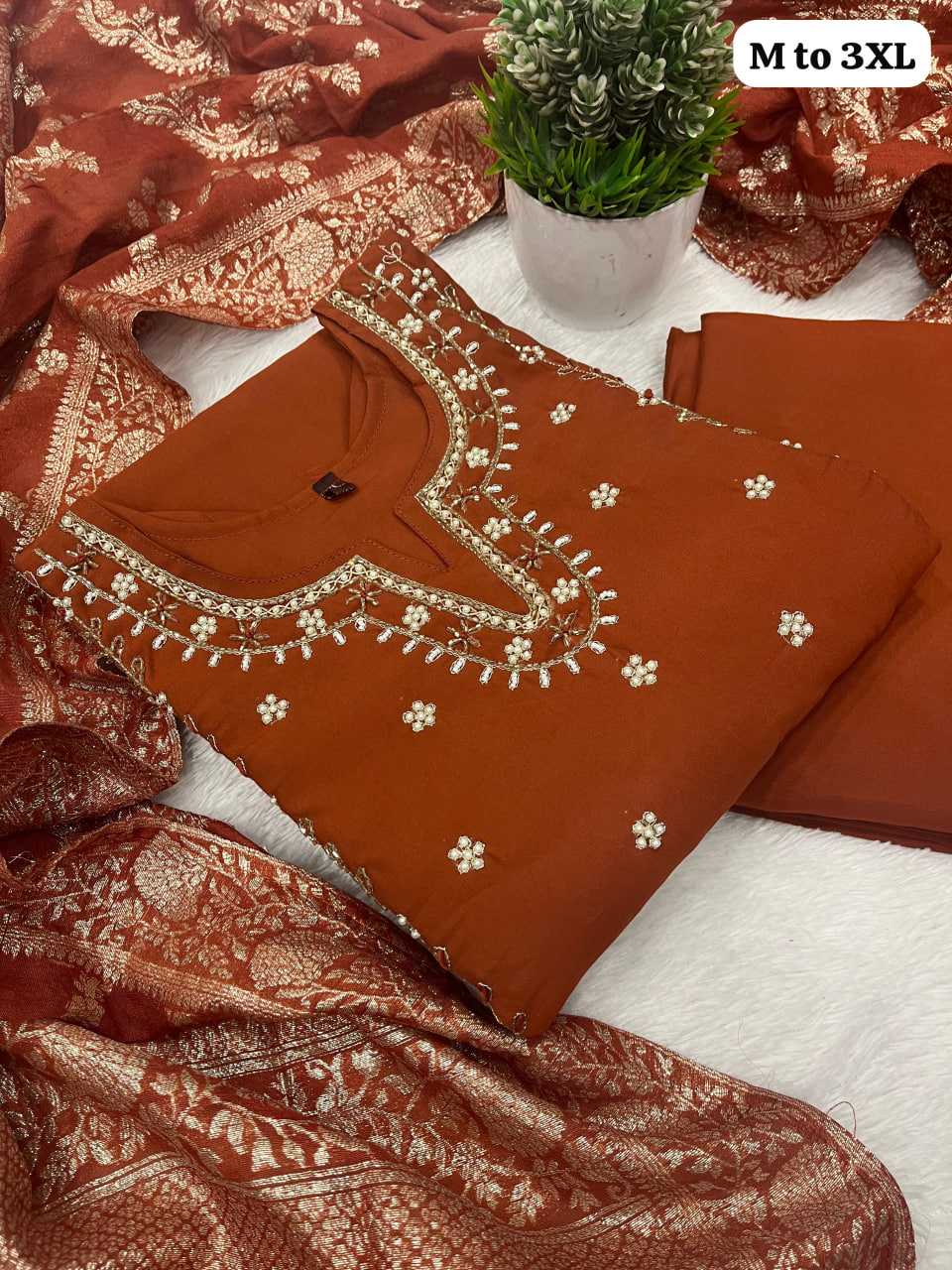 Ynf Premium Roman Silk KESH530 Rust Suits & Dresses Festive Collections Wholesale Ladies Silk Suit Orange Salwar Suit Handwork Suits Manufacturer- Kapda Export