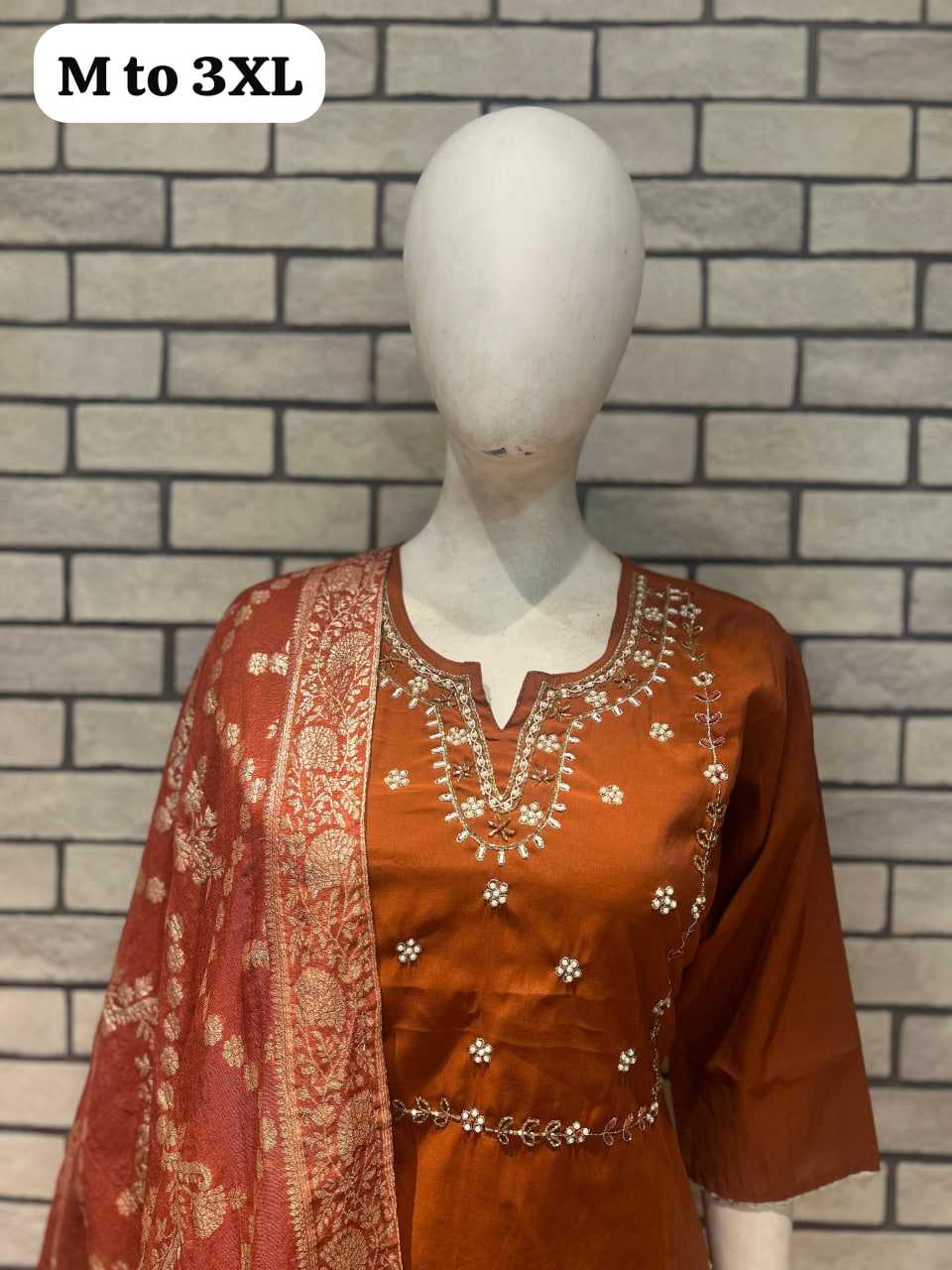Ynf Premium Roman Silk KESH530 Rust Suits & Dresses Festive Collections Wholesale Ladies Silk Suit Orange Salwar Suit Handwork Suits Manufacturer- Kapda Export