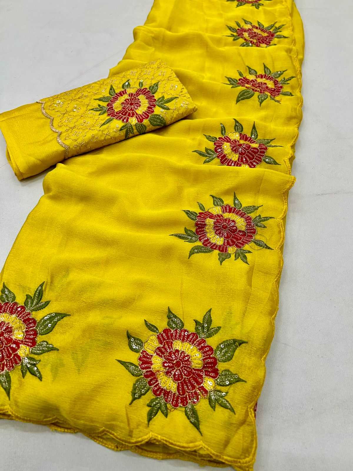 Ynf Chinon KESH622 HIRVA Sarees Wholesale Fancy Sarees Embroidered Sarees Yellow Sarees Manufacturer- Kapda Export