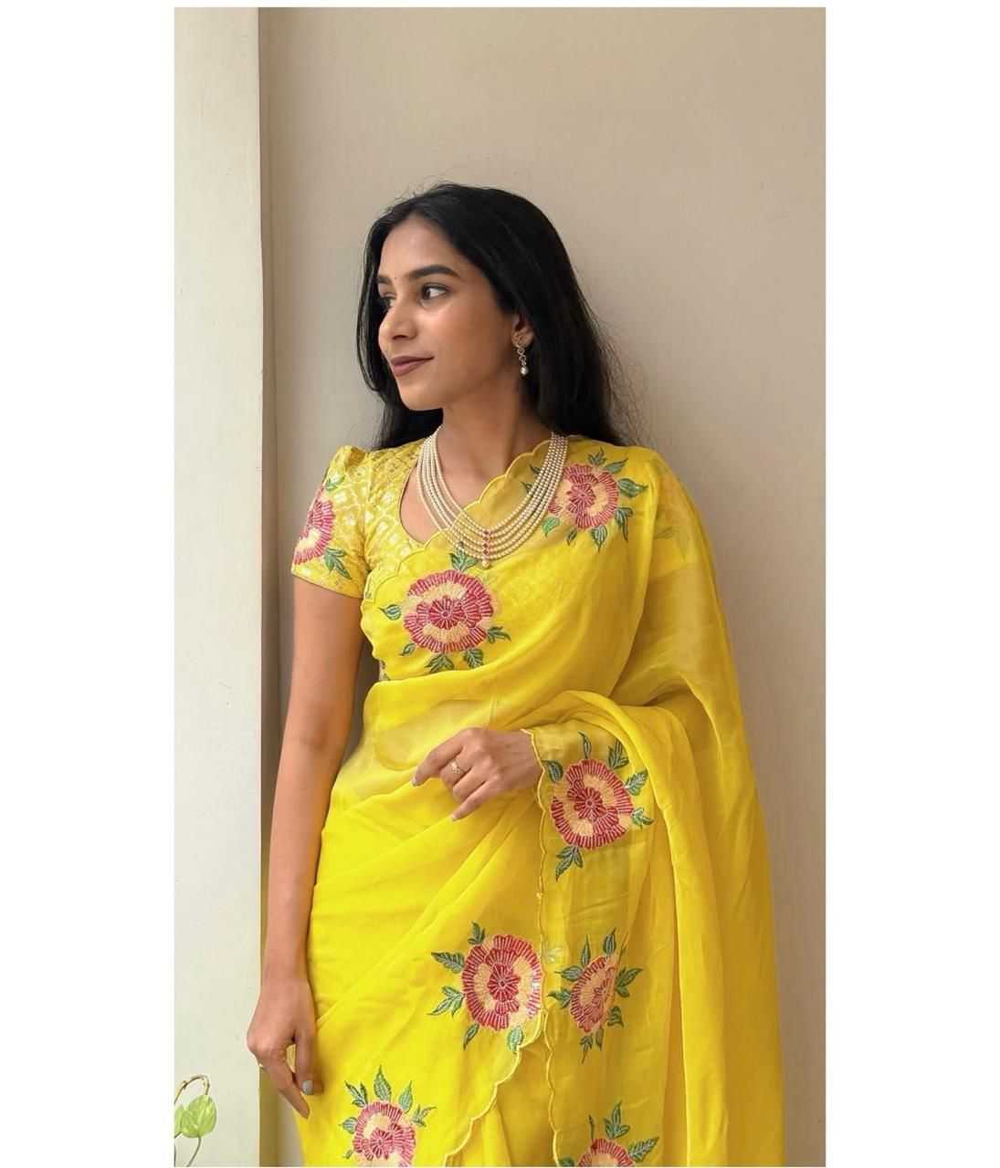 Ynf Chinon KESH622 HIRVA Sarees Wholesale Fancy Sarees Embroidered Sarees Yellow Sarees Manufacturer- Kapda Export