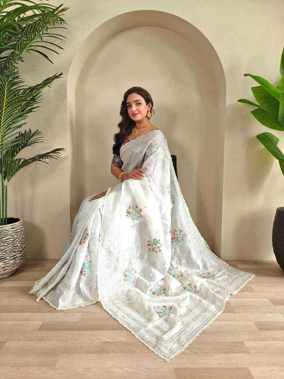 Ynf Crunchi RIN216 ASHA Sarees Wholesale Designer Sarees Embroidered Sarees White Sarees Manufacturer- Kapda Export