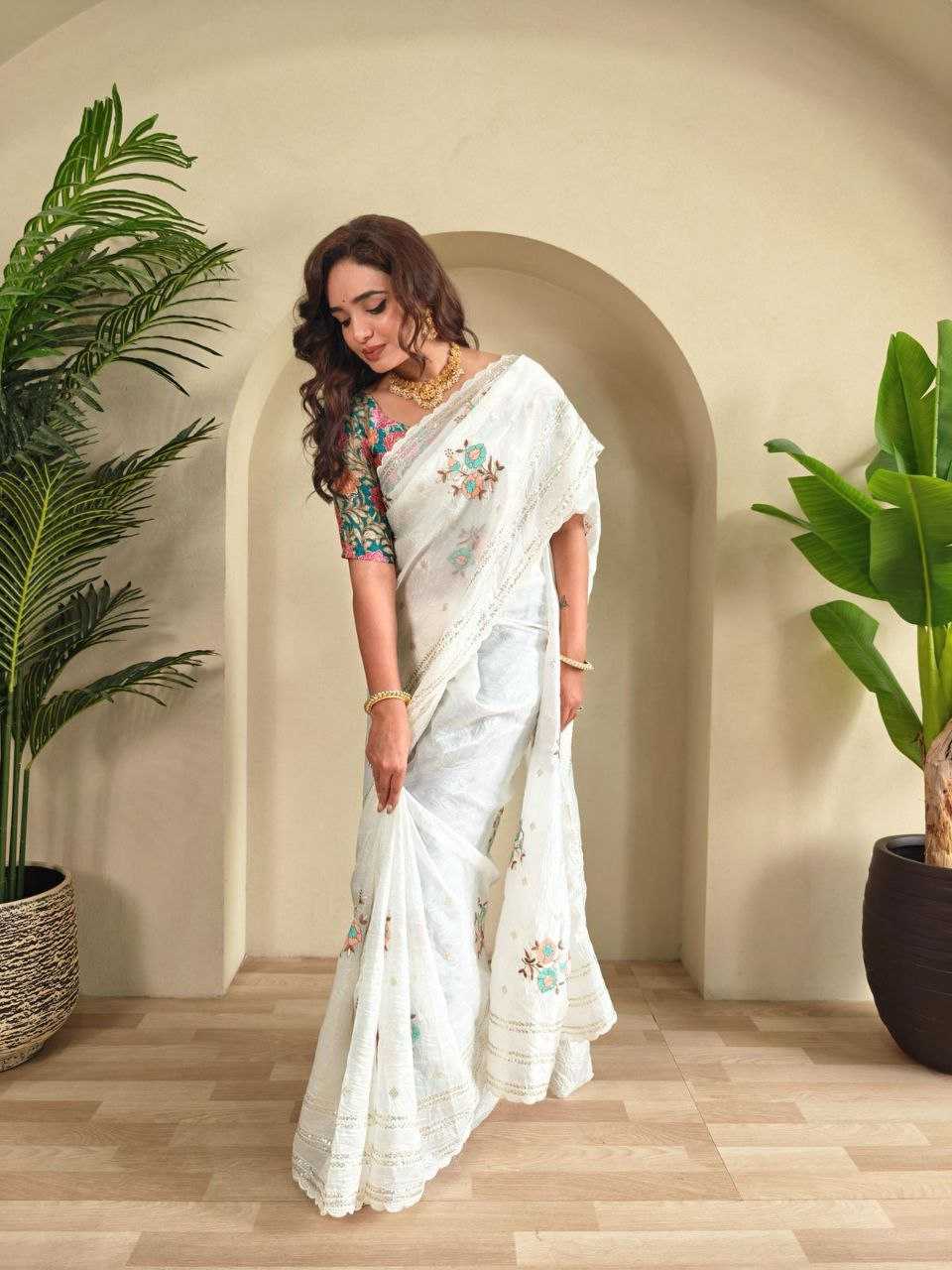 Ynf Crunchi RIN216 ASHA Sarees Wholesale Designer Sarees Embroidered Sarees White Sarees Manufacturer- Kapda Export