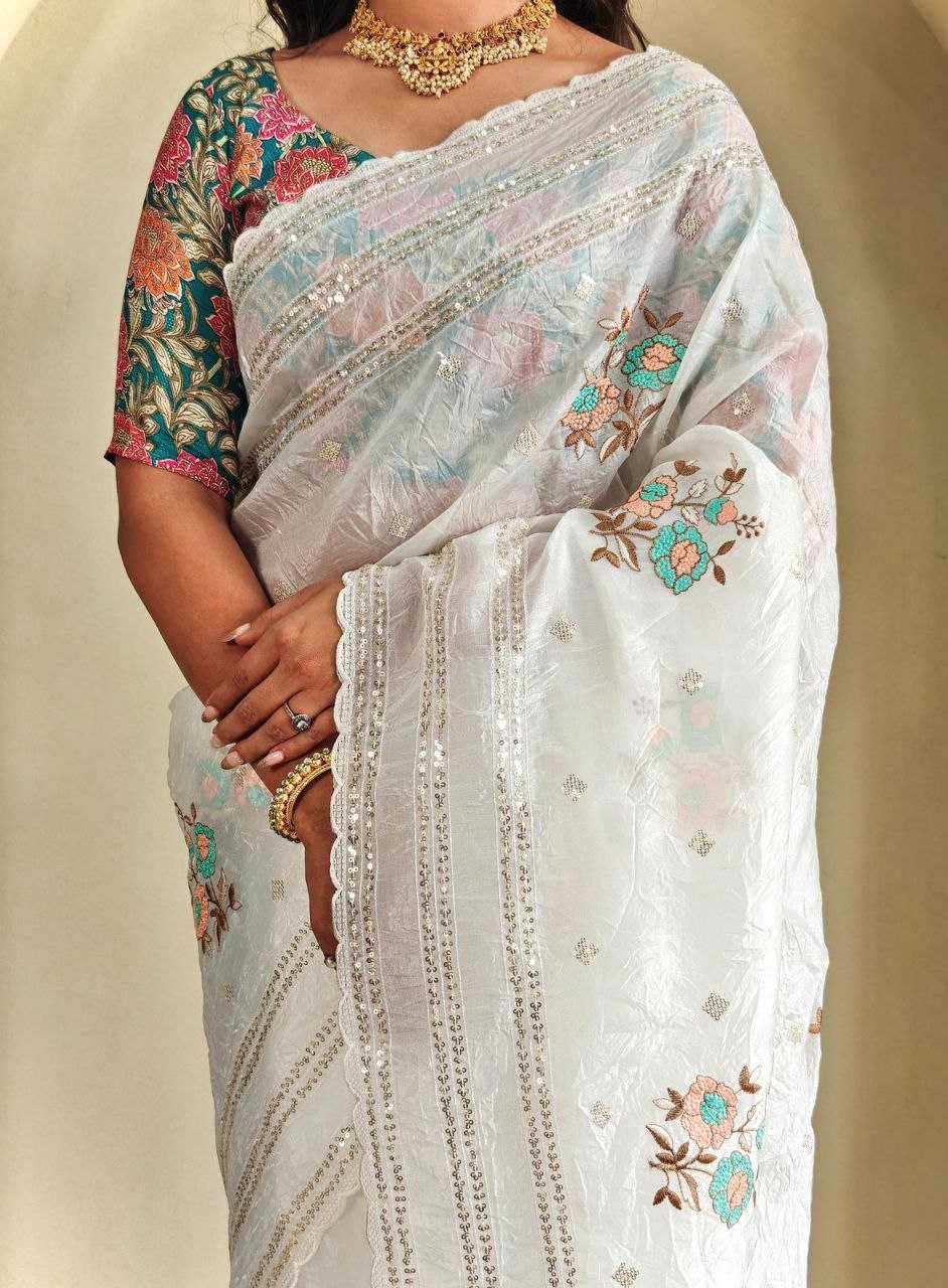 Ynf Crunchi RIN216 ASHA Sarees Wholesale Designer Sarees Embroidered Sarees White Sarees Manufacturer- Kapda Export