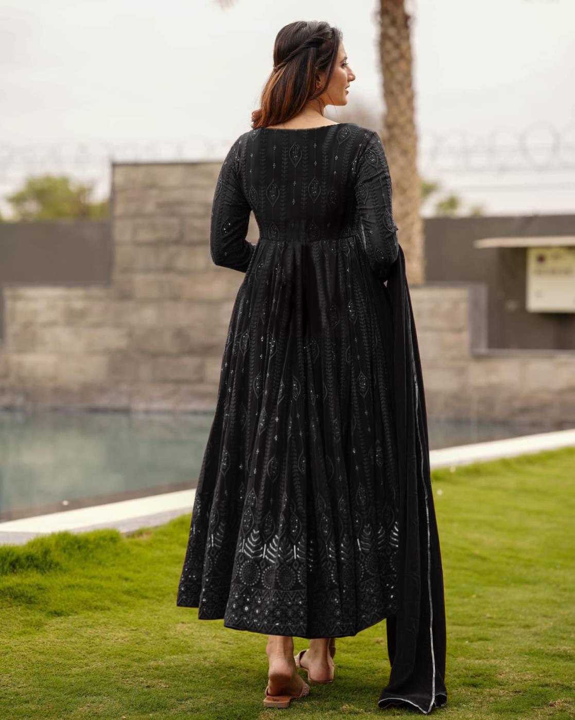 Ynf Georgette KESH334 Salsa Gowns Wholesale Embroidery Gowns Georgette Gown Black Gown Manufacturer- Kapda Export