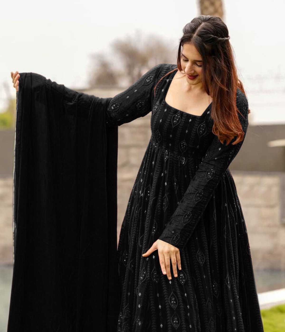 Ynf Georgette KESH334 Salsa Gowns Wholesale Embroidery Gowns Georgette Gown Black Gown Manufacturer- Kapda Export