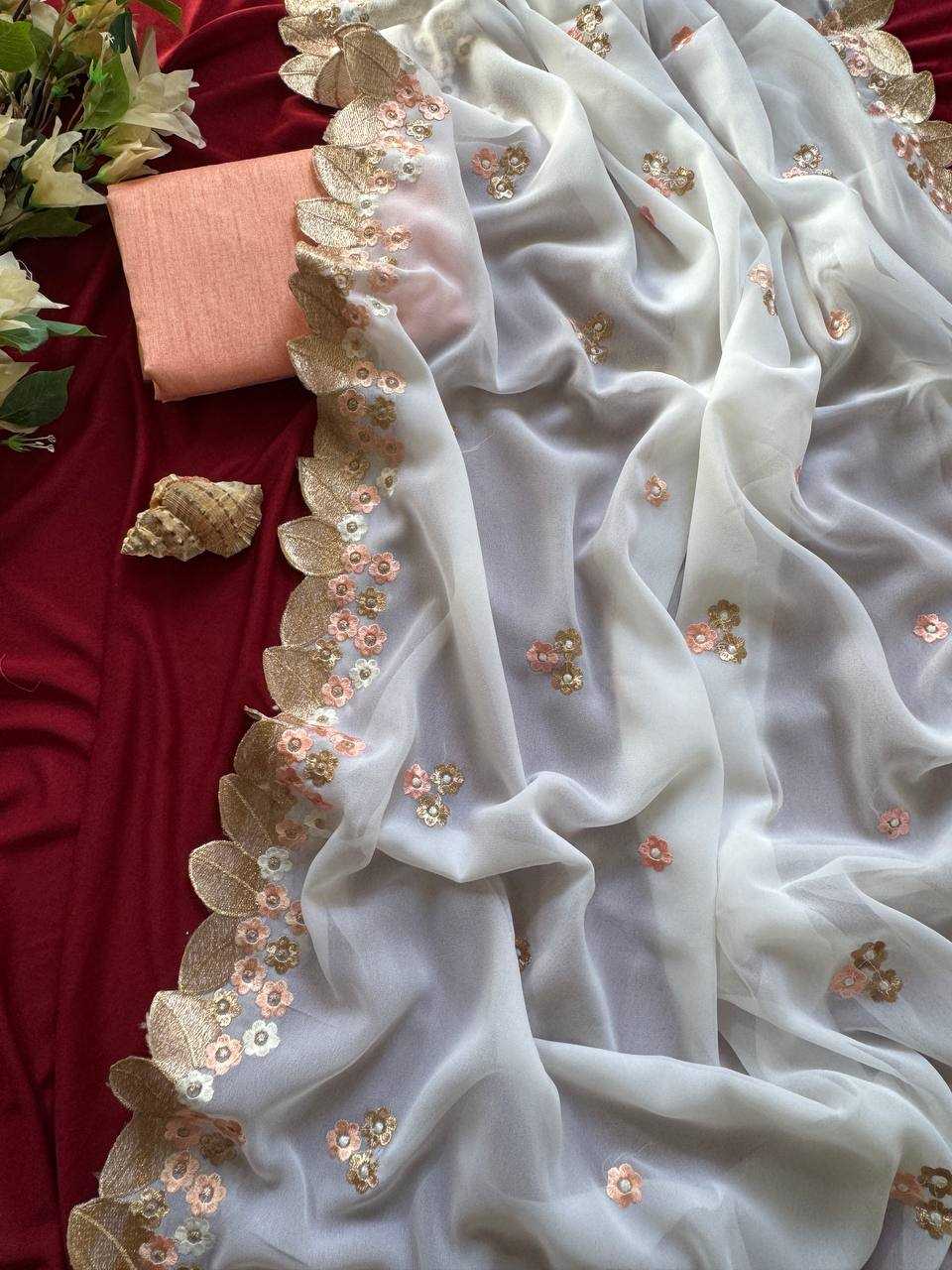 Ynf Georgette KESH568 INARA Sarees Festive Collections Wholesale Chiffon Sarees Embroidered Sarees White Sarees Manufacturer- Kapda Export