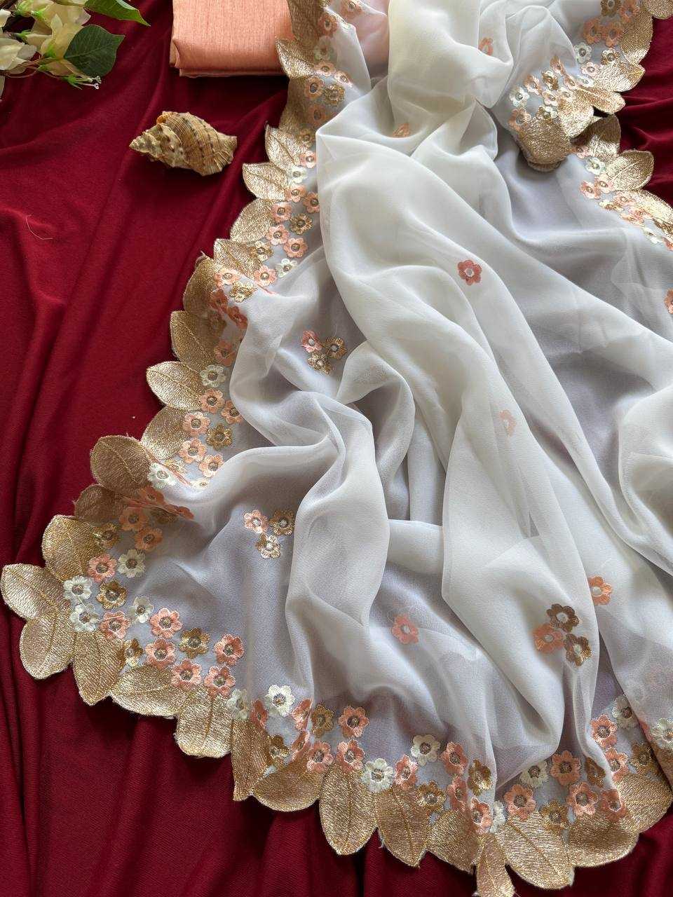 Ynf Georgette KESH568 INARA Sarees Festive Collections Wholesale Chiffon Sarees Embroidered Sarees White Sarees Manufacturer- Kapda Export