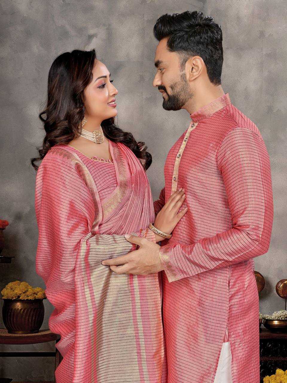 Ynf Jacquard KESH620 Man~Mohini-2 Couple Wear Wholesale Couple Matching Ethnic Outfits Couple Kurta Pajama and Saree Sets Party Wear Couple Ethnic Collection Manufacturer- Kapda Export