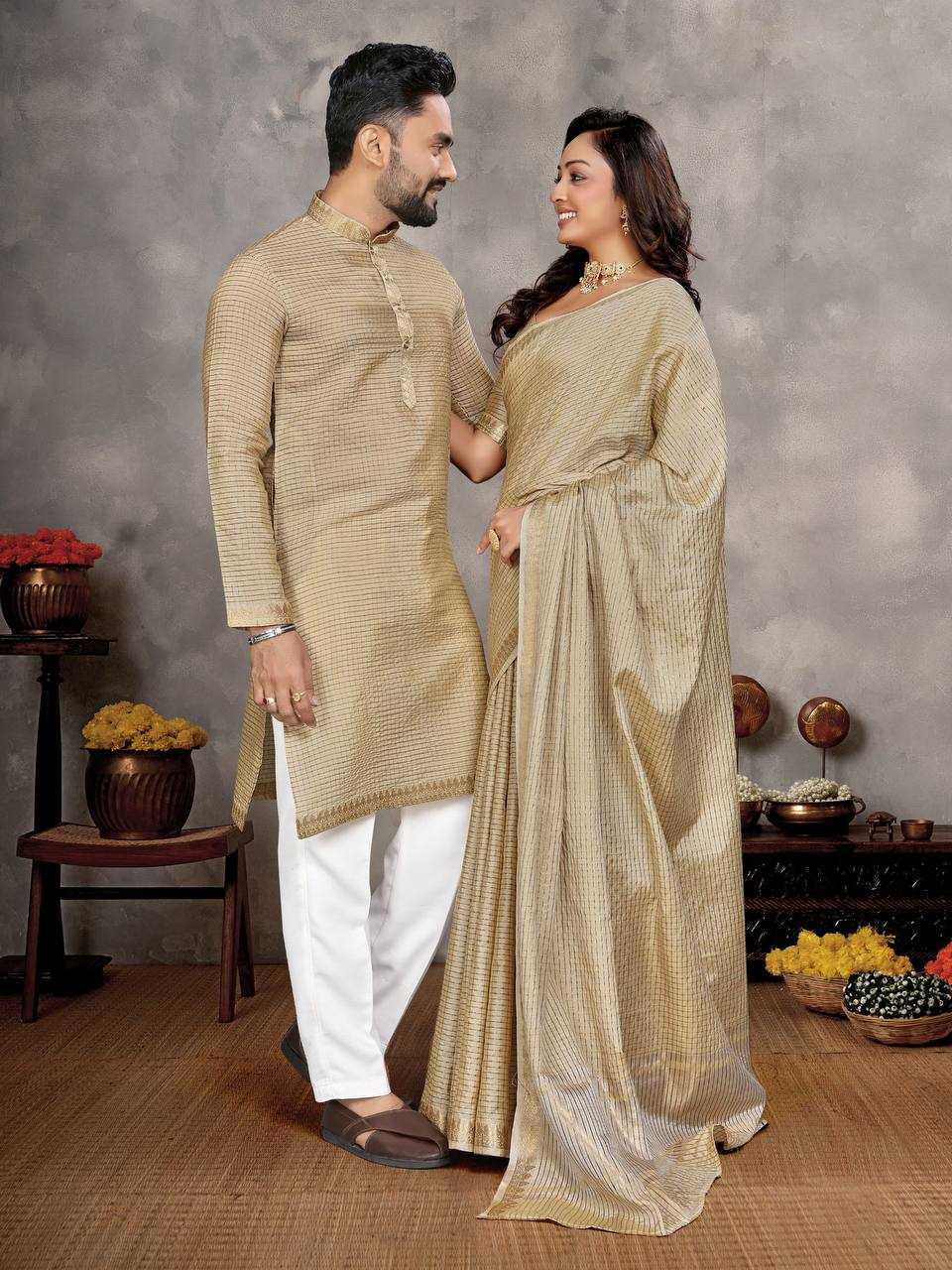 Ynf Jacquard KESH620 Man~Mohini-2 Couple Wear Wholesale Couple Matching Ethnic Outfits Couple Kurta Pajama and Saree Sets Party Wear Couple Ethnic Collection Manufacturer- Kapda Export