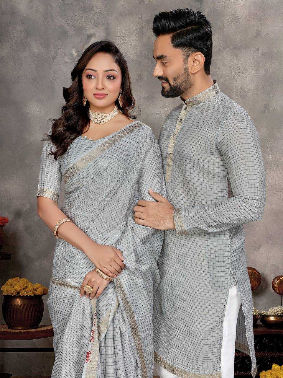 Ynf Jacquard KESH620 Man~Mohini-2 Couple Wear Wholesale Couple Matching Ethnic Outfits Couple Kurta Pajama and Saree Sets Party Wear Couple Ethnic Collection Manufacturer- Kapda Export