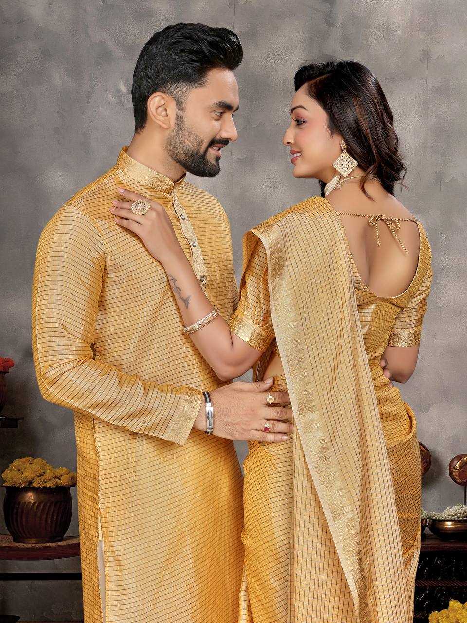 Ynf Jacquard KESH620 Man~Mohini-2 Couple Wear Wholesale Couple Matching Ethnic Outfits Couple Kurta Pajama and Saree Sets Party Wear Couple Ethnic Collection Manufacturer- Kapda Export
