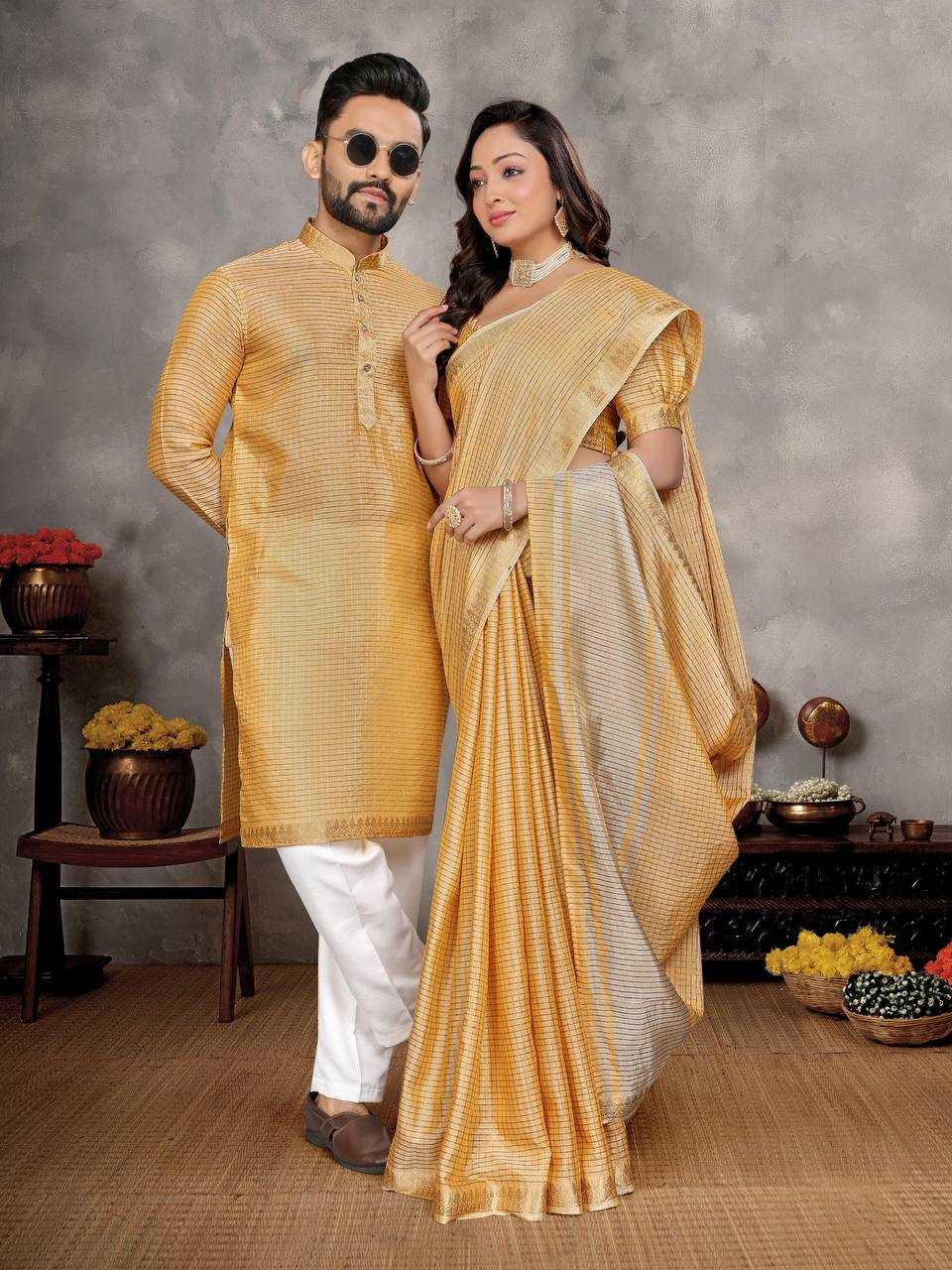 Ynf Jacquard KESH620 Man~Mohini-2 Couple Wear Wholesale Couple Matching Ethnic Outfits Couple Kurta Pajama and Saree Sets Party Wear Couple Ethnic Collection Manufacturer- Kapda Export