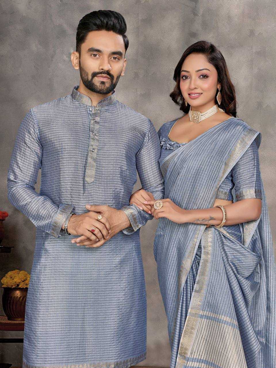 Ynf Jacquard KESH620 Man~Mohini-2 Couple Wear Wholesale Couple Matching Ethnic Outfits Couple Kurta Pajama and Saree Sets Party Wear Couple Ethnic Collection Manufacturer- Kapda Export
