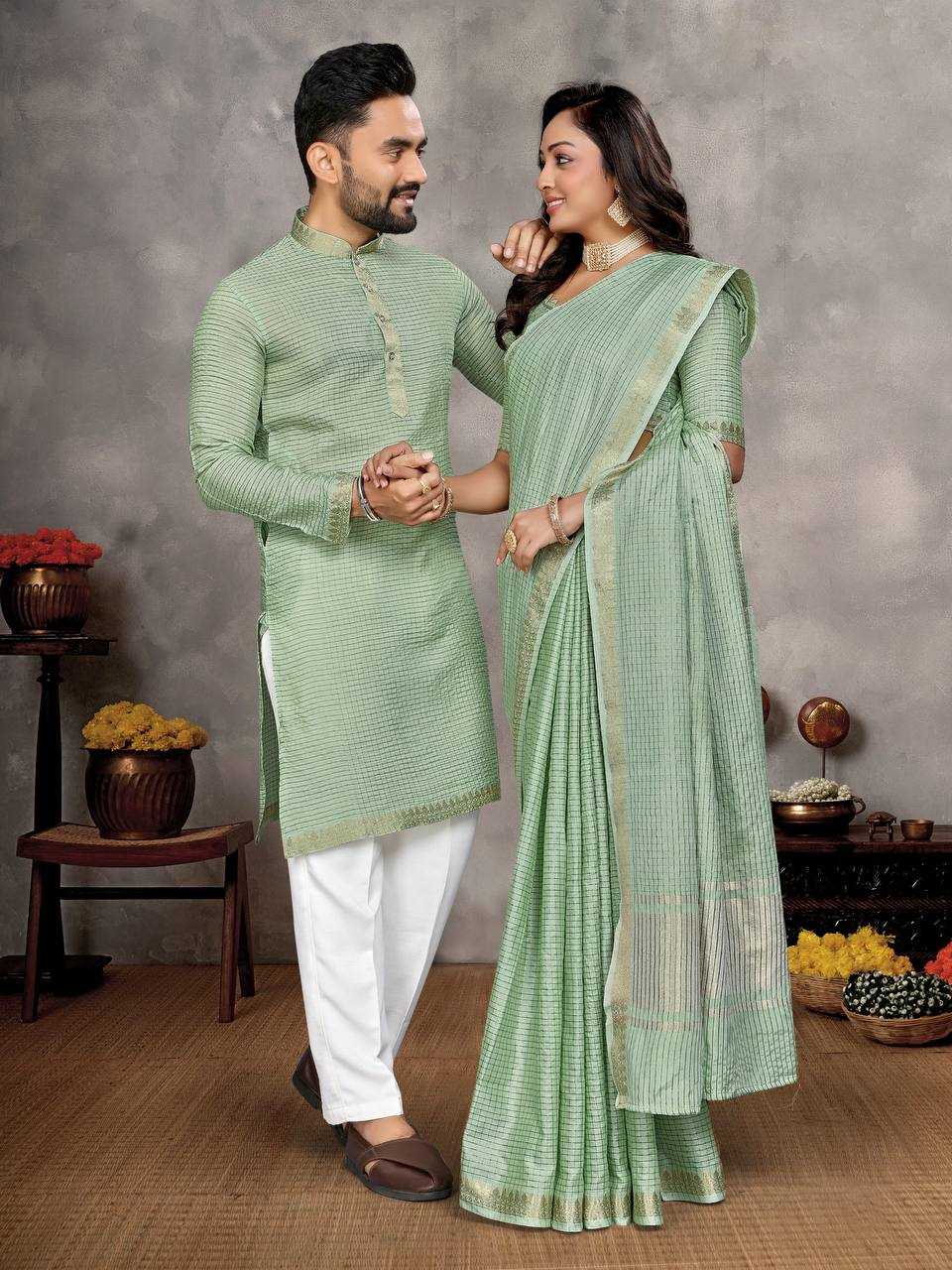 Ynf Jacquard KESH620 Man~Mohini-2 Couple Wear Wholesale Couple Matching Ethnic Outfits Couple Kurta Pajama and Saree Sets Party Wear Couple Ethnic Collection Manufacturer- Kapda Export