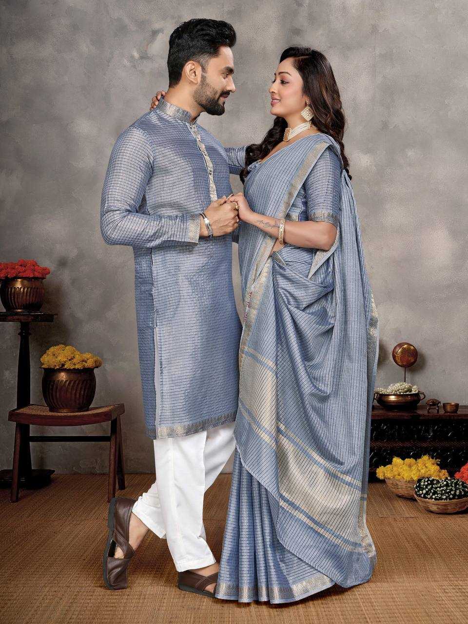 Ynf Jacquard KESH620 Man~Mohini-2 Couple Wear Wholesale Couple Matching Ethnic Outfits Couple Kurta Pajama and Saree Sets Party Wear Couple Ethnic Collection Manufacturer- Kapda Export