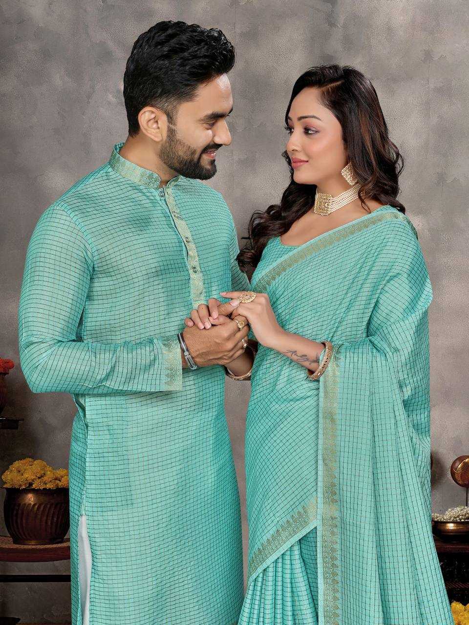 Ynf Jacquard KESH620 Man~Mohini-2 Couple Wear Wholesale Couple Matching Ethnic Outfits Couple Kurta Pajama and Saree Sets Party Wear Couple Ethnic Collection Manufacturer- Kapda Export
