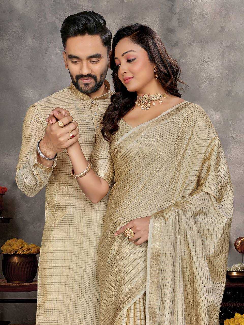 Ynf Jacquard KESH620 Man~Mohini-2 Couple Wear Wholesale Couple Matching Ethnic Outfits Couple Kurta Pajama and Saree Sets Party Wear Couple Ethnic Collection Manufacturer- Kapda Export