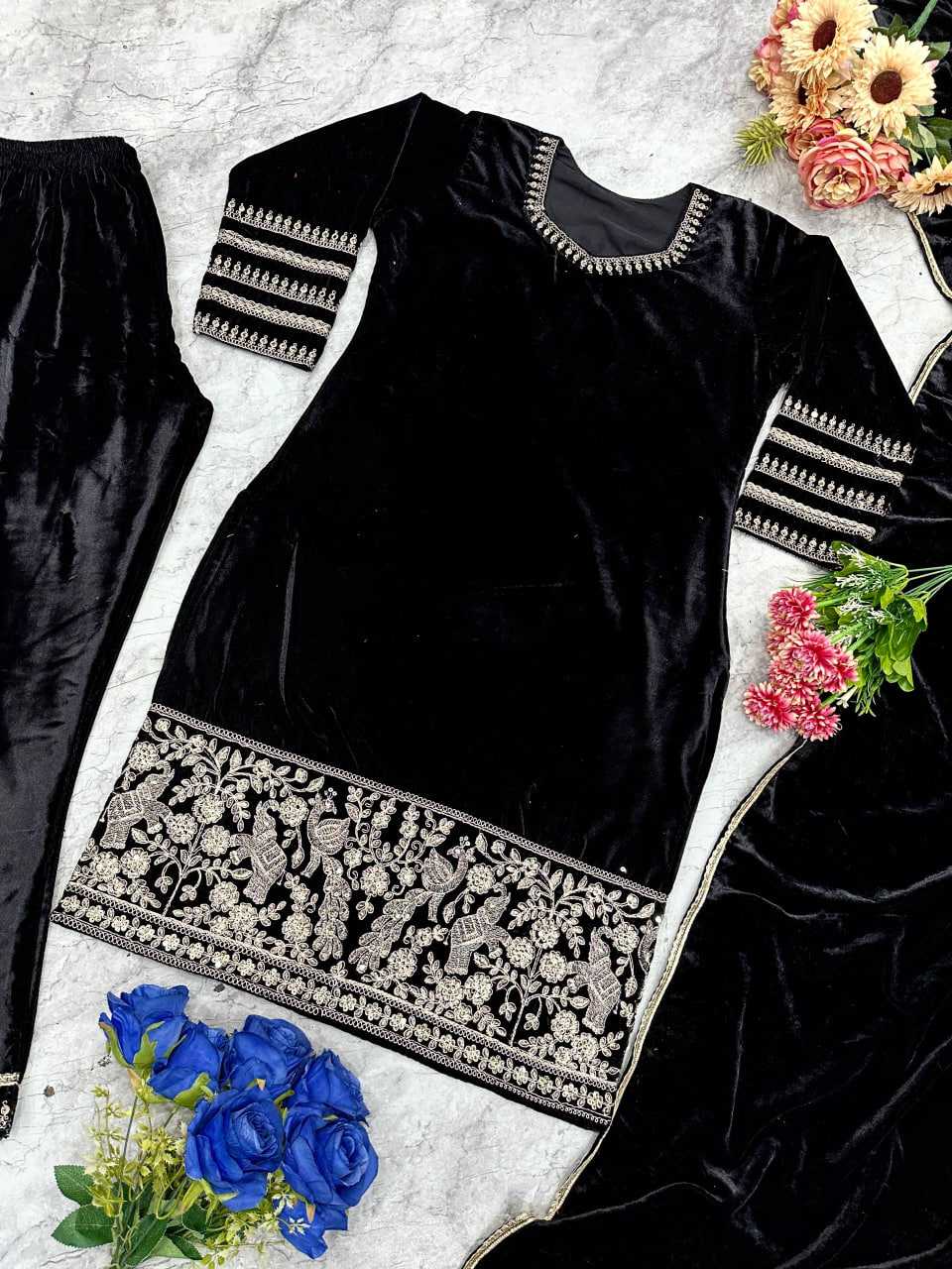 Ynf Velvet KESH523 228 Suits & Dresses Wedding Collections Festive Collections Wholesale Velvet Suits Embroidery Suits Black Salwar Suit Manufacturer- Kapda Export