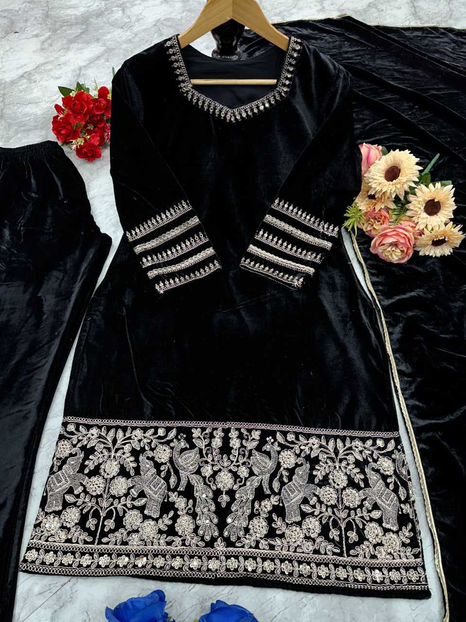 Ynf Velvet KESH523 228 Suits & Dresses Wedding Collections Festive Collections Wholesale Velvet Suits Embroidery Suits Black Salwar Suit Manufacturer- Kapda Export