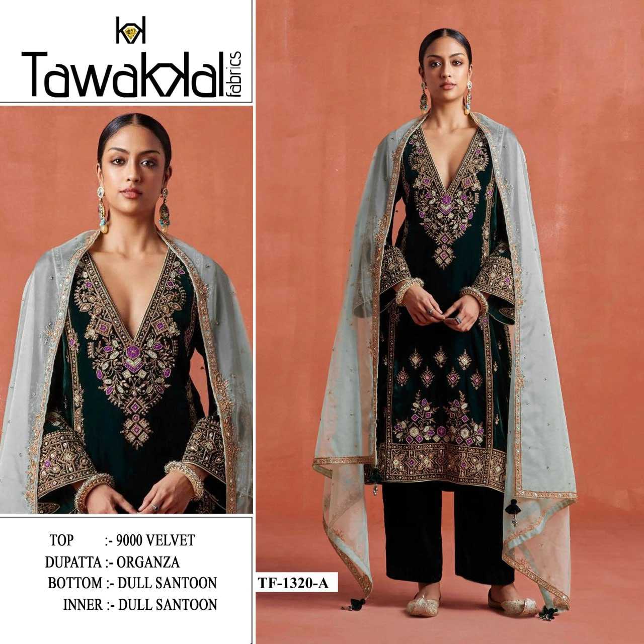 Ynf Velvet RIN131 TAWAKKAL 1320 Suits & Dresses Wholesale Unstitched Suits Velvet Suits Embroidery Suits Semi Stitched Suits Manufacturer- Kapda Export