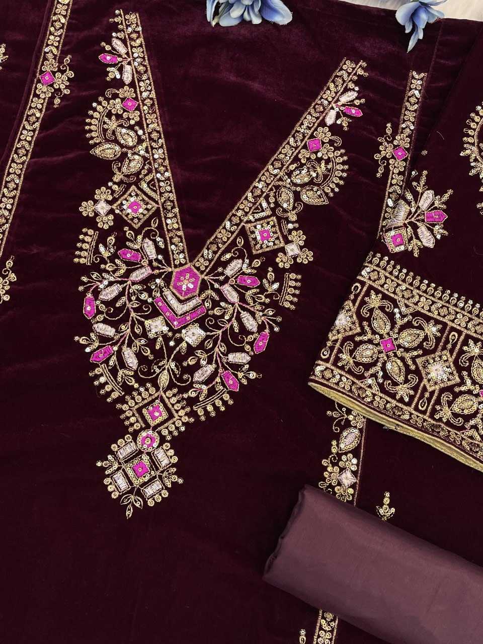 Ynf Velvet RIN131 TAWAKKAL 1320 Suits & Dresses Wholesale Unstitched Suits Velvet Suits Embroidery Suits Semi Stitched Suits Manufacturer- Kapda Export