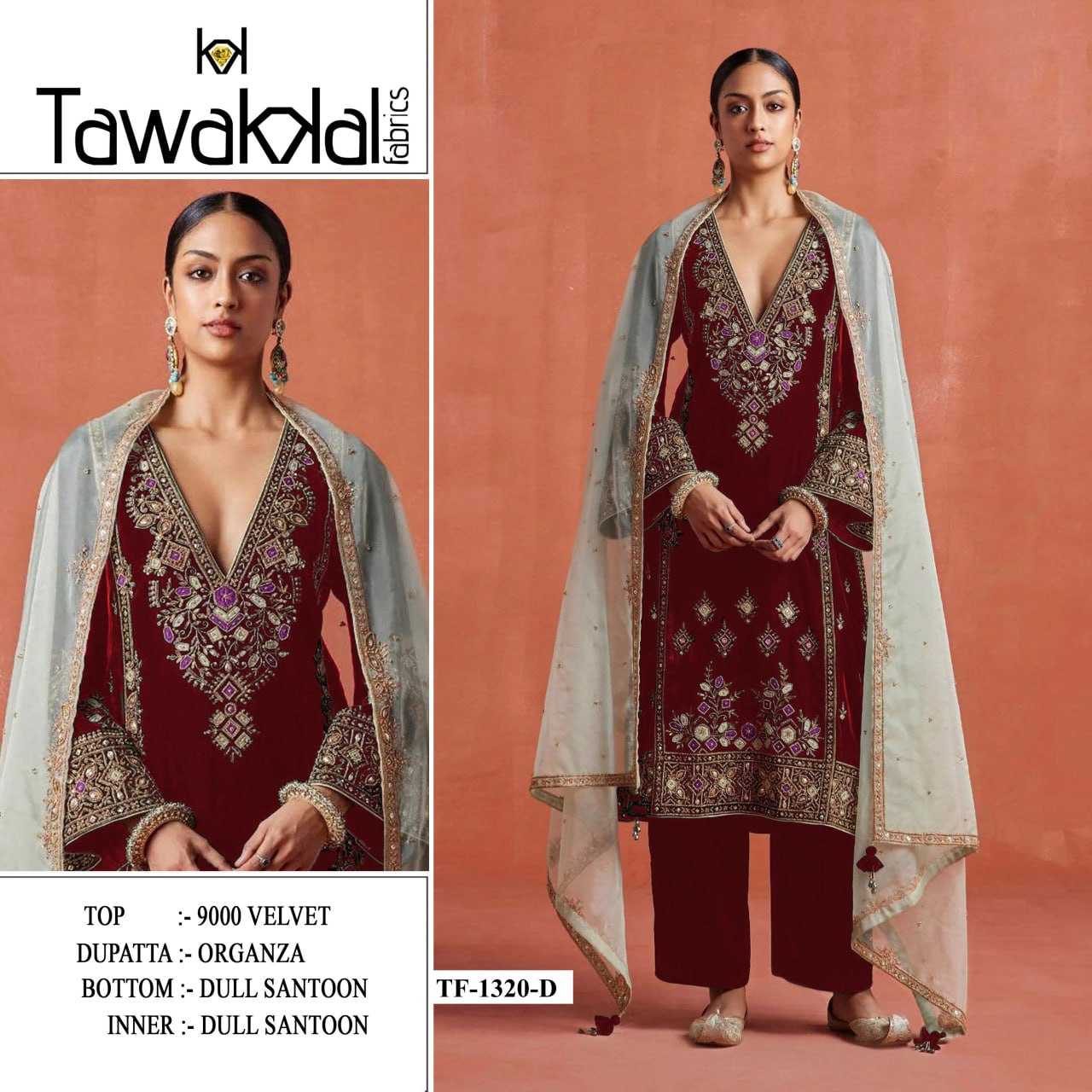 Ynf Velvet RIN131 TAWAKKAL 1320 Suits & Dresses Wholesale Unstitched Suits Velvet Suits Embroidery Suits Semi Stitched Suits Manufacturer- Kapda Export