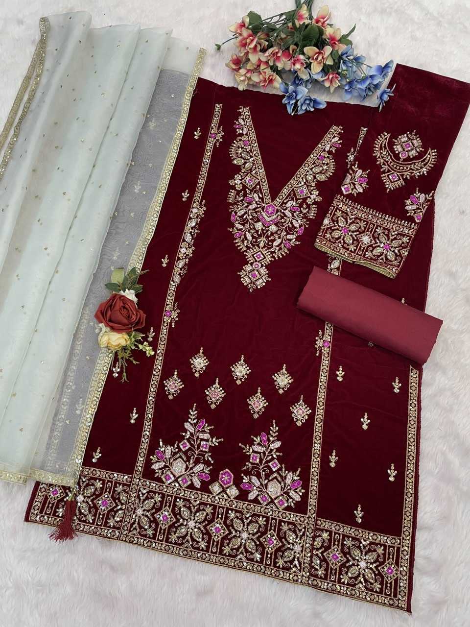 Ynf Velvet RIN131 TAWAKKAL 1320 Suits & Dresses Wholesale Unstitched Suits Velvet Suits Embroidery Suits Semi Stitched Suits Manufacturer- Kapda Export